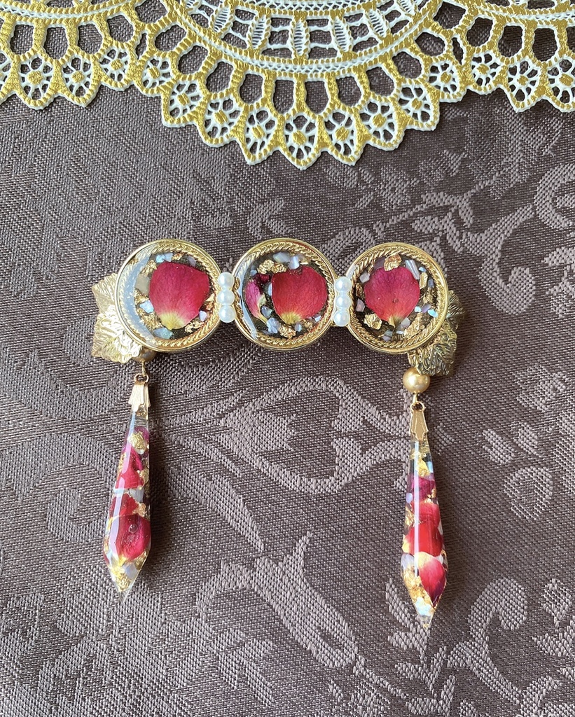 ローズガーデンの3wayバレッタ　ブラックレッド