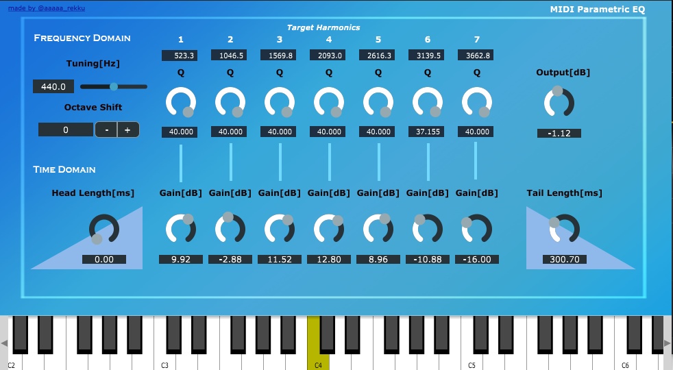 MIDI Parametric EQ - midi入力倍音ターゲットピーキングフィルタ