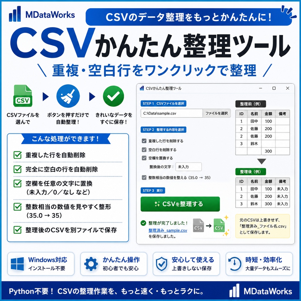 CSVかんたん整理ツール｜重複・空白行をワンクリックで整理【Windows対応】