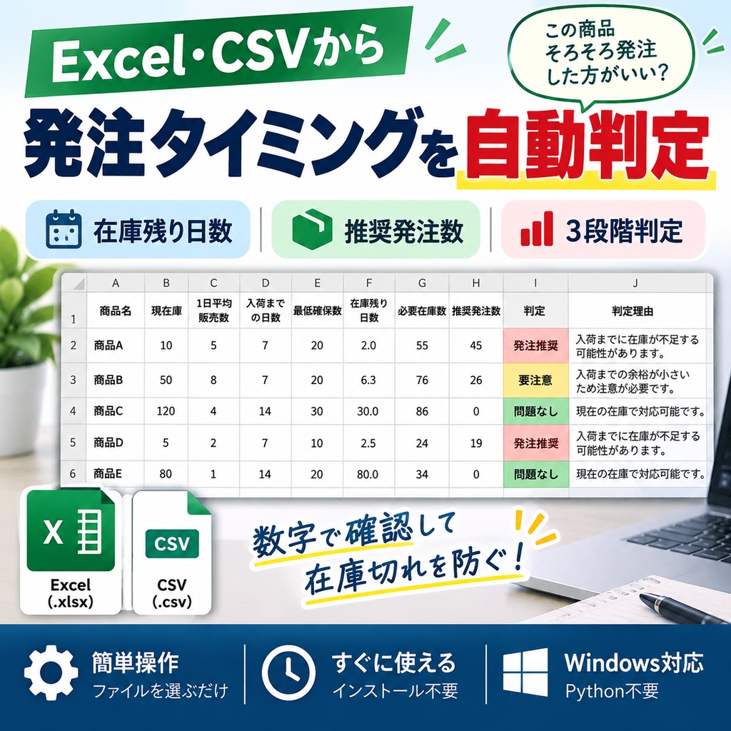 Excel・CSVで在庫切れをチェック｜在庫・発注判断ツール【Windows対応】