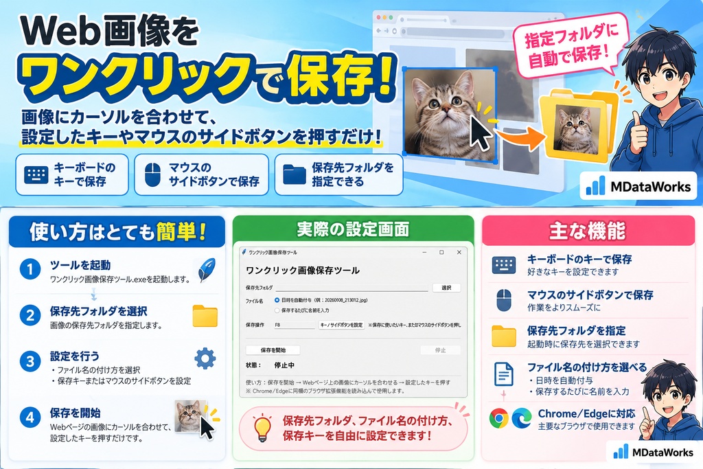 ワンクリック画像保存ツール|画像にカーソルを合わせてキー・サイドボタンで保存【Windows】