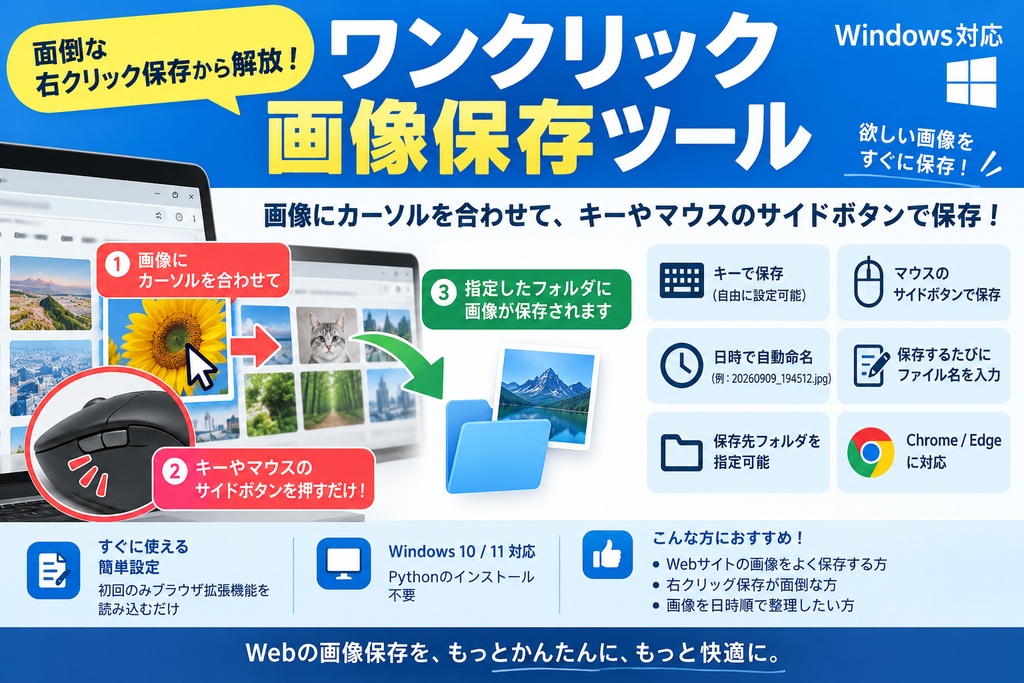 ワンクリック画像保存ツール｜画像にカーソルを合わせてキー・サイドボタンで保存【Windows】