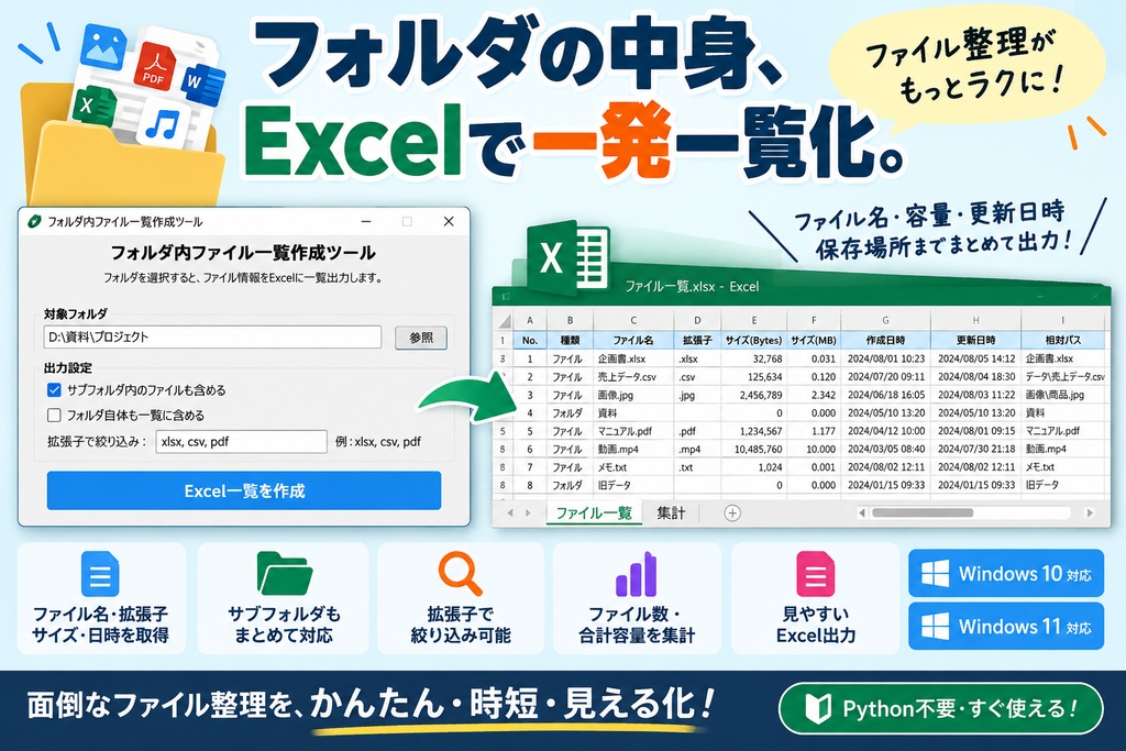 フォルダ内ファイル一覧作成ツール|ファイル名・容量・更新日時・保存場所をExcelに一括出力