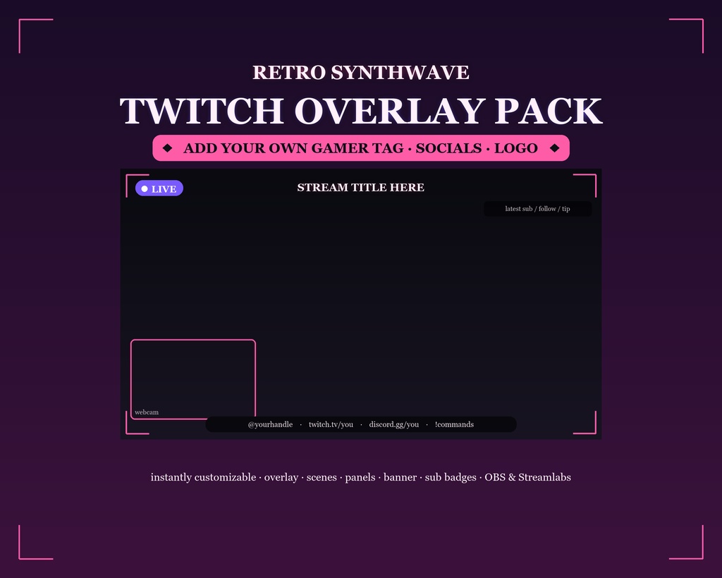 Retro Synthwave Twitch Overlay Kit / レトロシンセウェーブ