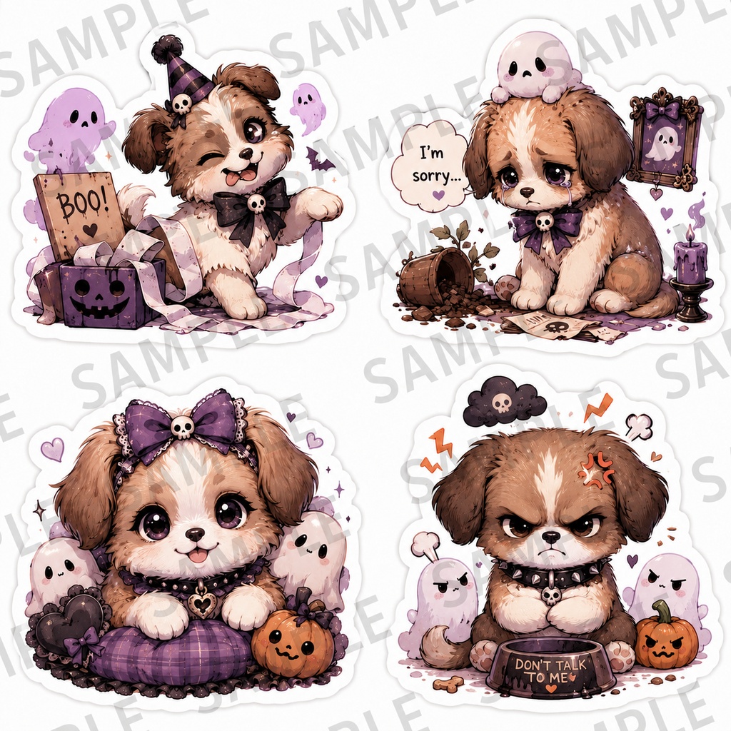 ゴシックハロウィンわんこ ステッカー素材セット|PNGデジタルダウンロード