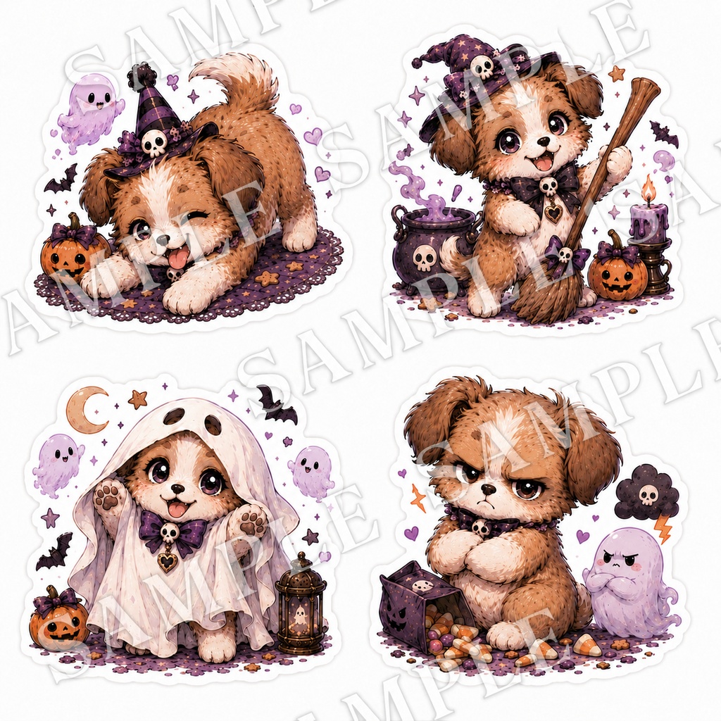 ゴシックハロウィンわんこ ステッカー素材セット｜PNGデジタルダウンロード