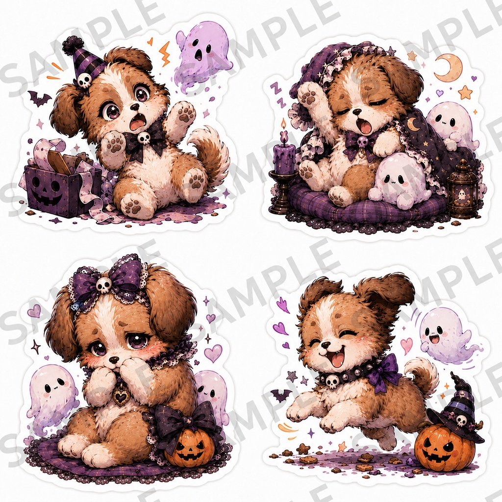 ゴシックハロウィンわんこ ステッカー素材セット|PNGデジタルダウンロード