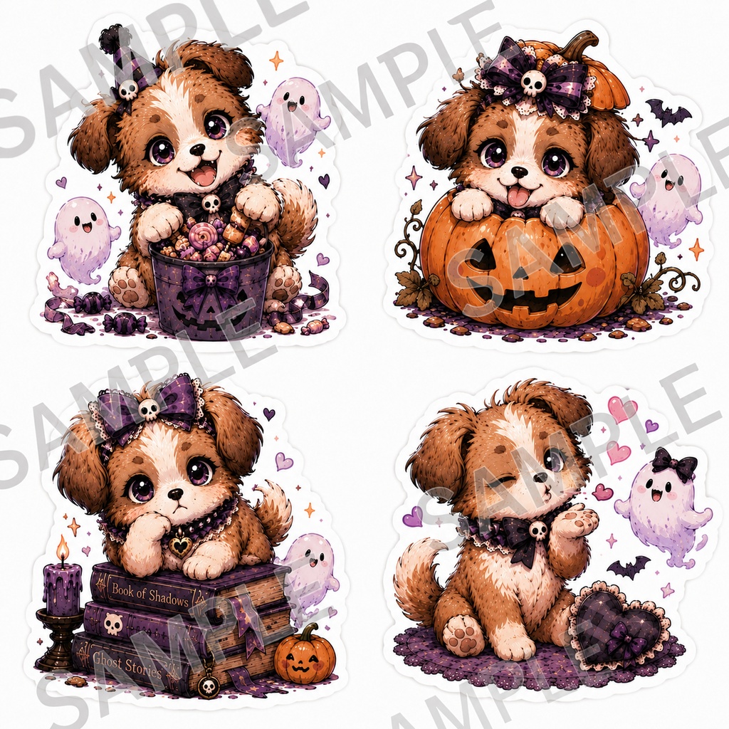 ゴシックハロウィンわんこ ステッカー素材セット|PNGデジタルダウンロード