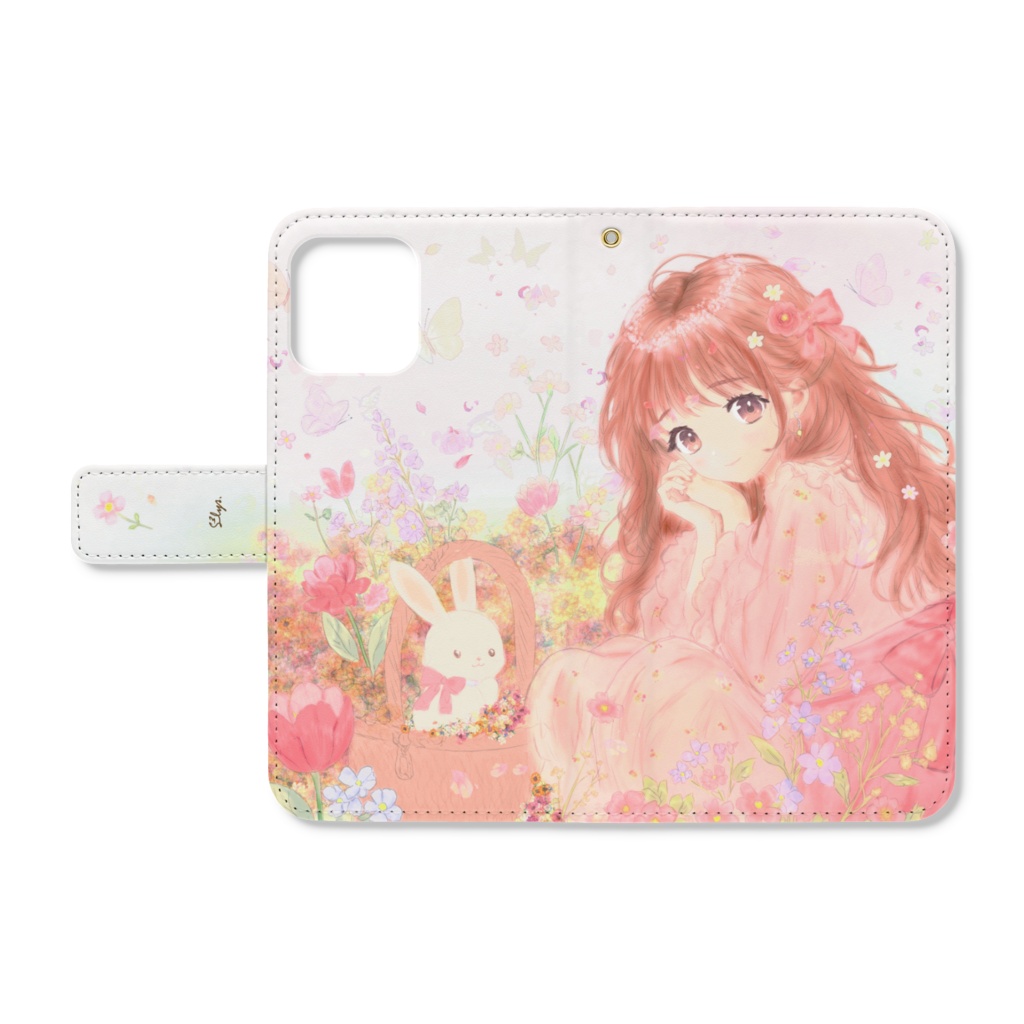 オリジナルイラストシリーズ第1弾手帳型スマホケース-iPhone「春少女とうさぎさん」
