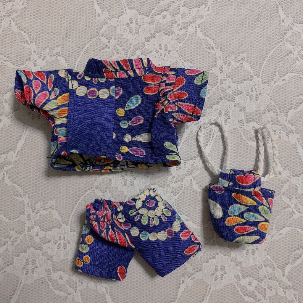 ぬい服 甚平 巾着付 花火柄 青