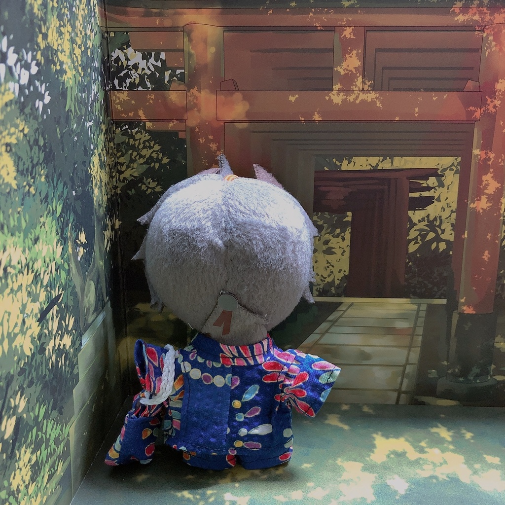 ぬい服 甚平 巾着付 花火柄 青