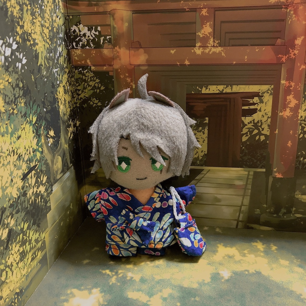 ぬい服　甚平　巾着付　花火柄　青