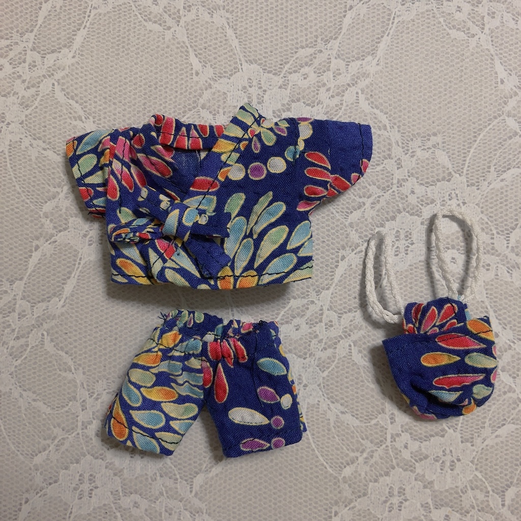 ぬい服 甚平 巾着付 花火柄 青