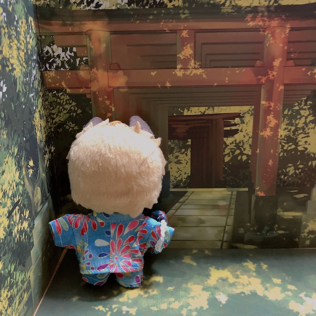 ぬい服 甚平 花火柄 水色