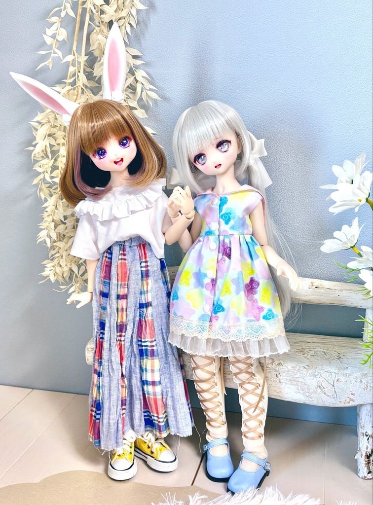 【2点セット】パッチワーク風ロングスカート&フリルTシャツ
