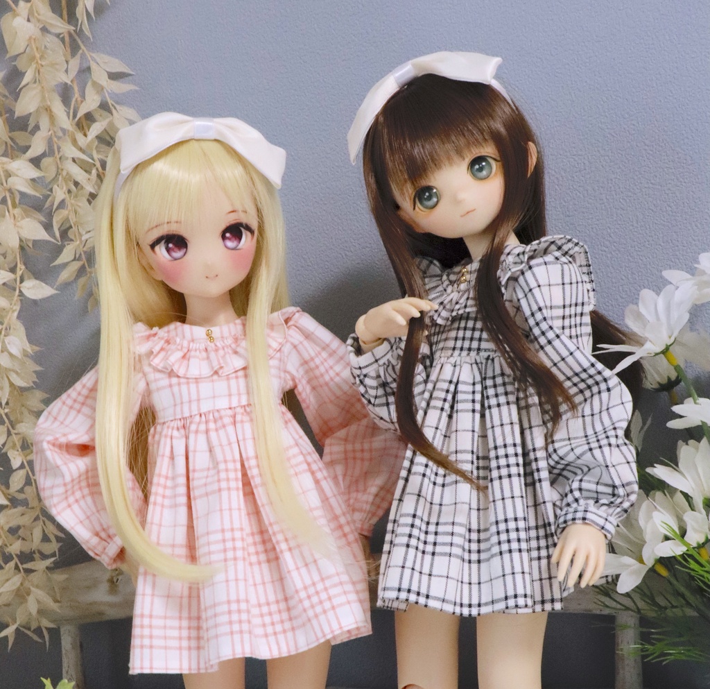 【2点セット】(ピンク)チェックフリルワンピース&リボンカチューシャ
