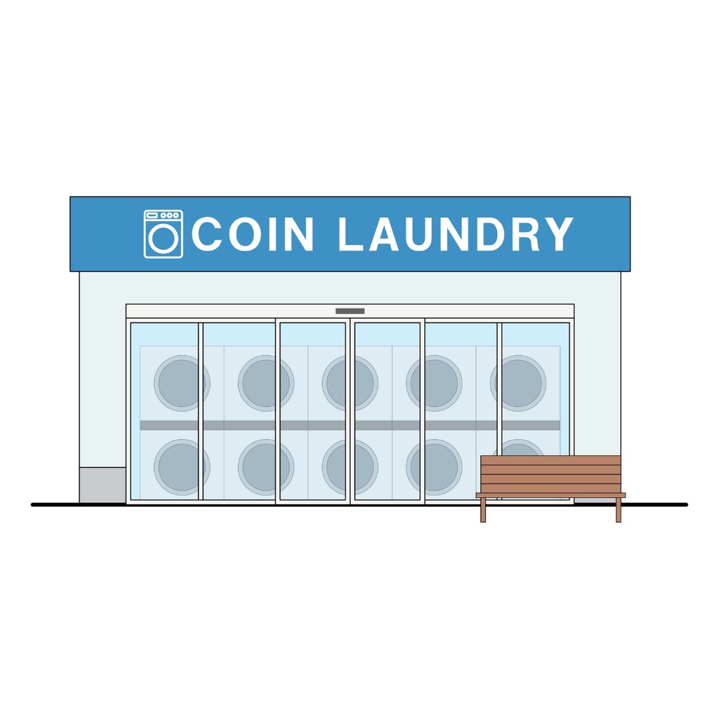 街のお店イラスト4種セット|ヘアーサロン・クリーニング店・コインランドリー・家電量販店【AIデータ】