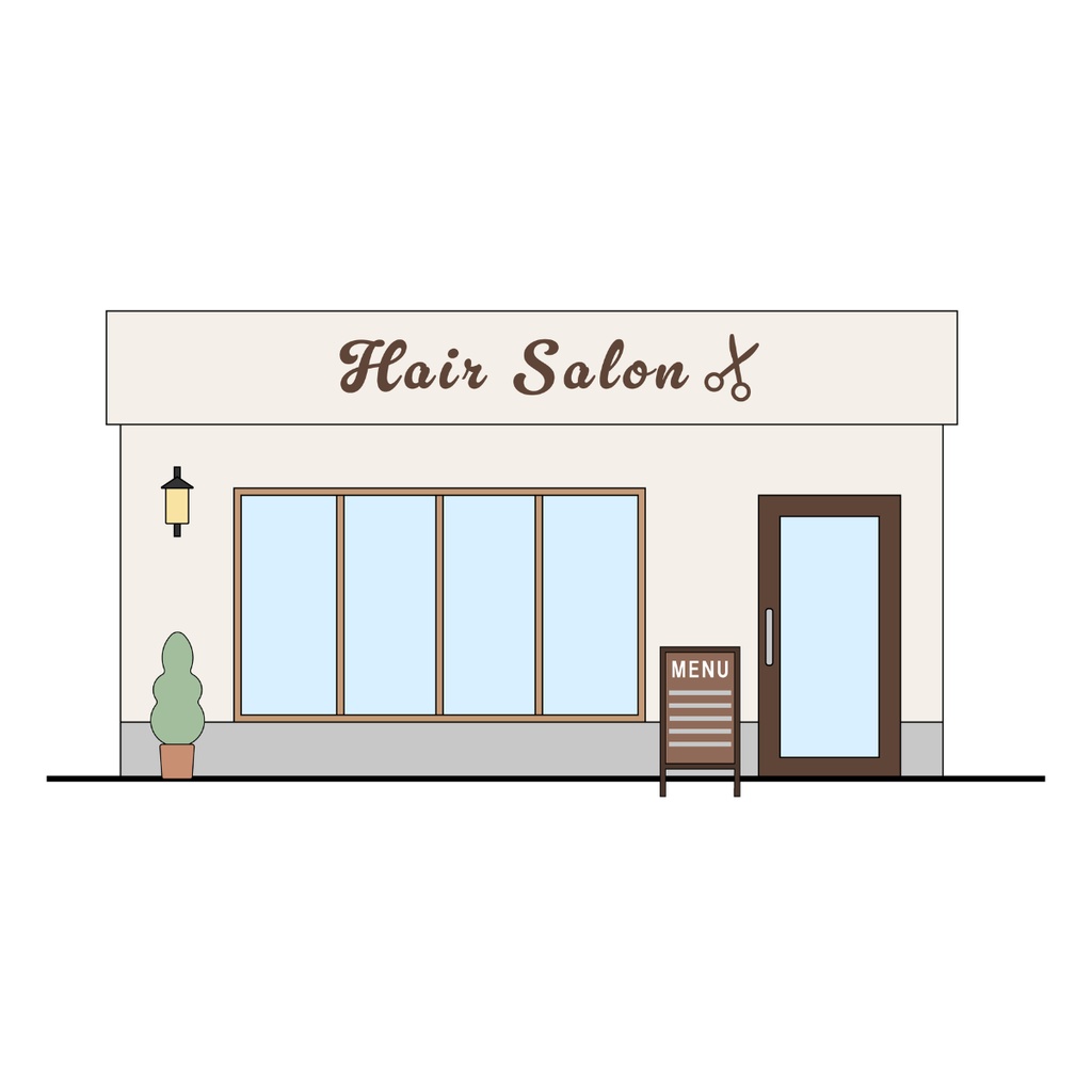 街のお店イラスト4種セット|ヘアーサロン・クリーニング店・コインランドリー・家電量販店【AIデータ】
