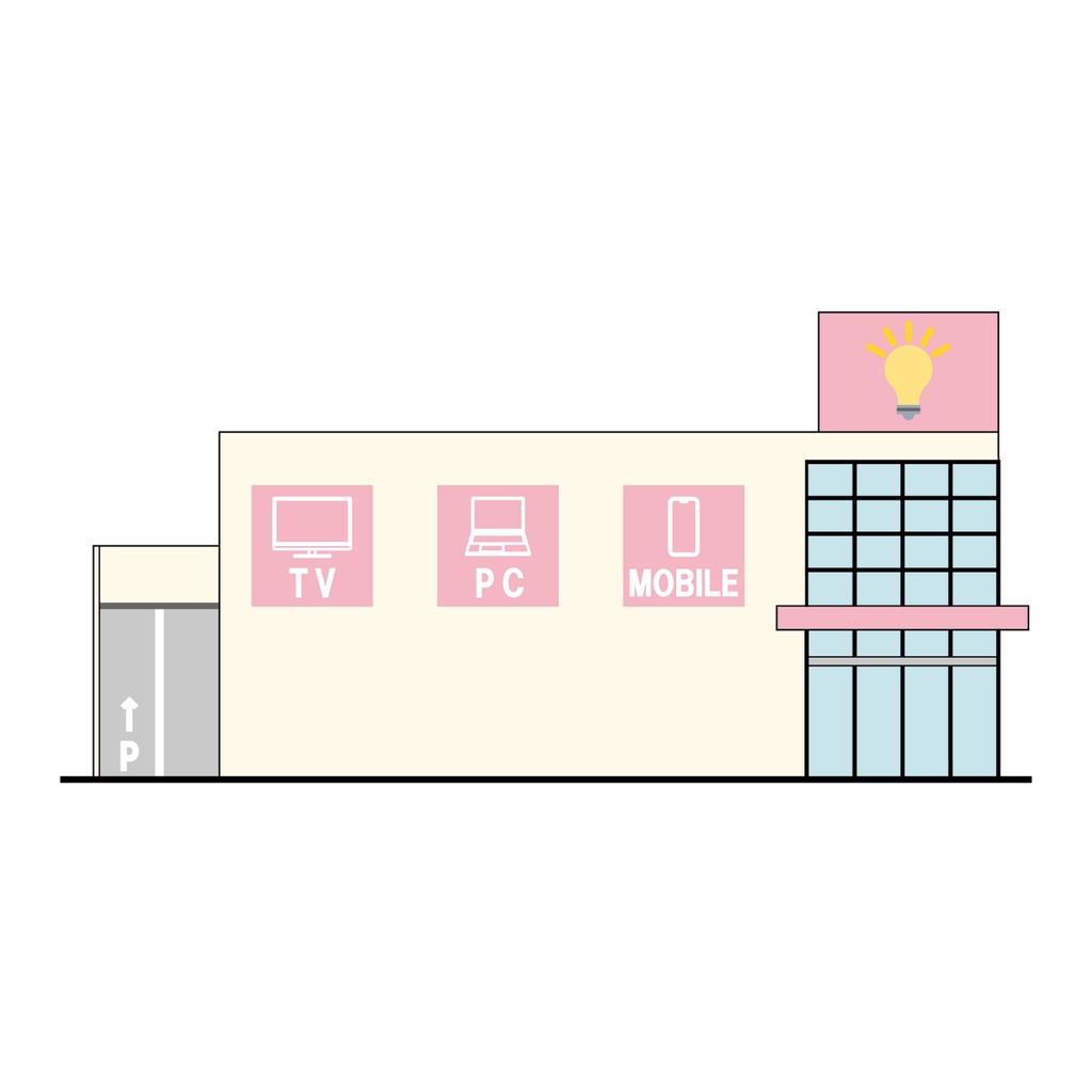 街のお店イラスト4種セット|ヘアーサロン・クリーニング店・コインランドリー・家電量販店【AIデータ】