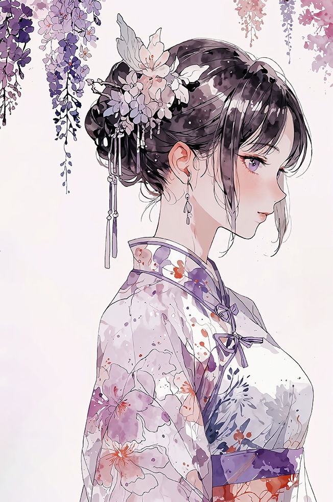 淡紫色の旗袍スタイルの少女イラスト【1】