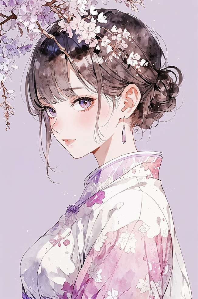 淡紫色の旗袍スタイルの少女イラスト【2】