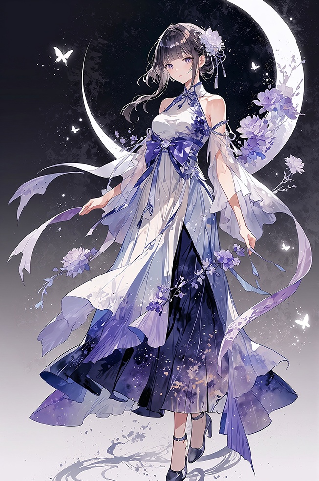 月光の下の紫色の旗袍少女イラスト【1】