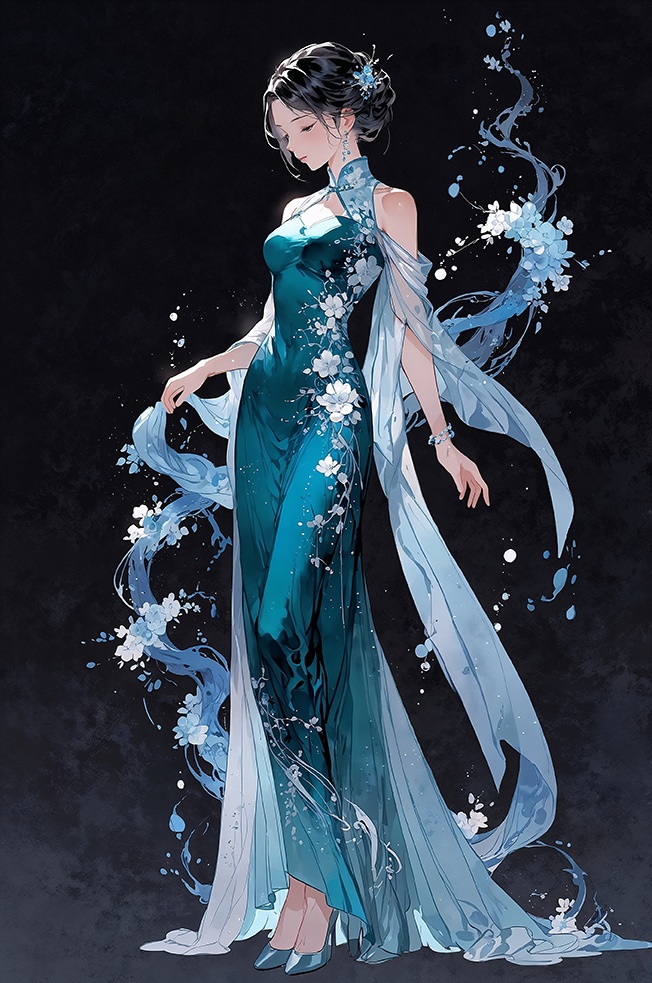 波の旗袍【漆黒の波 (しっこくのなみ)と蒼白の潮 (そうはくのしお)】