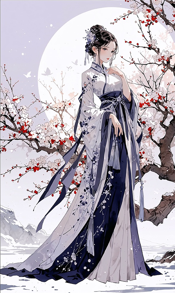 月夜に咲く梅、雪に映る梅