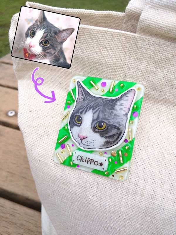 【オーダー受付】うちの子♥ブローチお作りします【蛍光グリーンストライプ】※蛍光色ですが、暗闇で光ったりはしません♥イラスト/愛犬/愛猫【定形外郵便で送料無料♪】