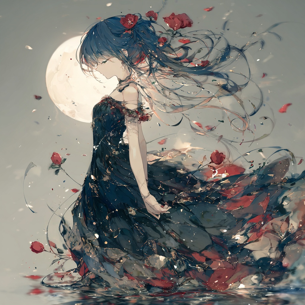 【高画質】幻想的な月と赤い花の少女 - PC・スマホ壁紙 / SNSアイコン