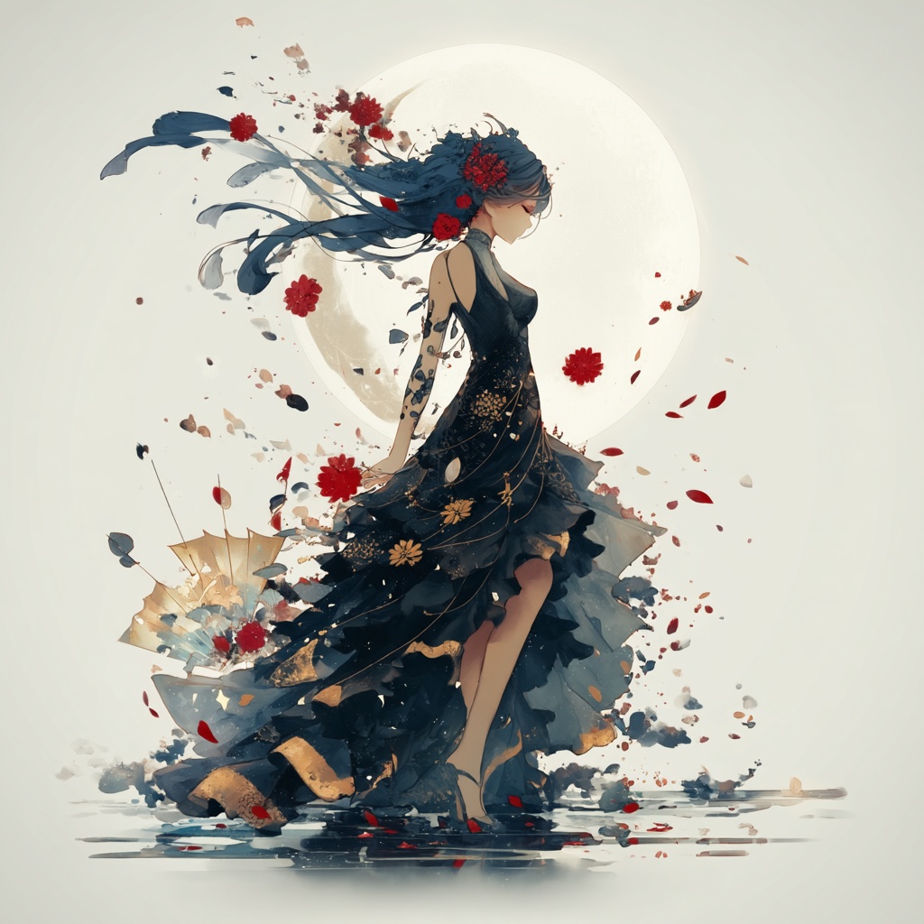 【高画質】月夜と赤い花の少女 - デジタルイラスト壁紙 / アイコン素材