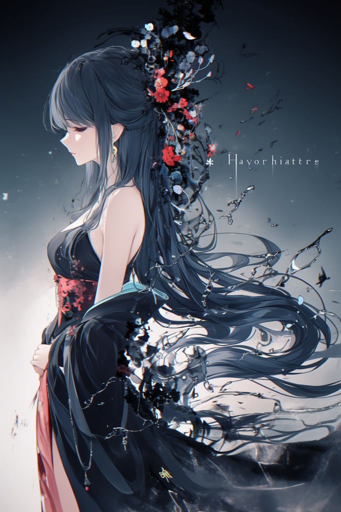 【高画質】月夜と赤い花の少女 - デジタルイラスト壁紙 / アイコン素材