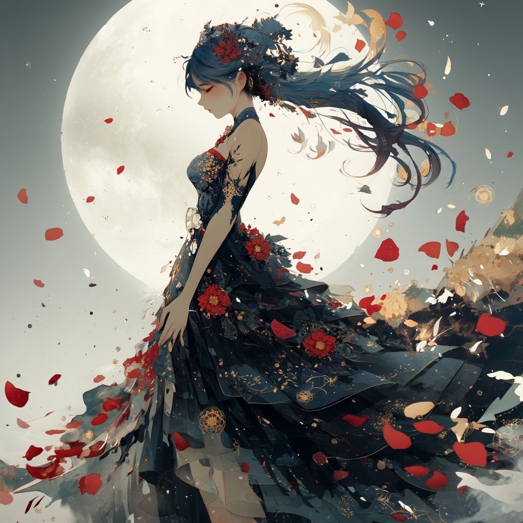 【高画質】月夜と赤い花の少女 - デジタルイラスト壁紙 / アイコン素材