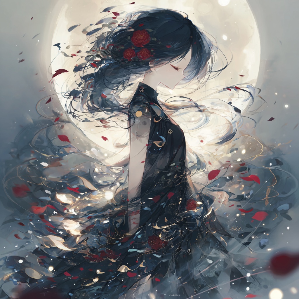 【高画質】月夜と赤い花の少女 - デジタルイラスト壁紙 / アイコン素材