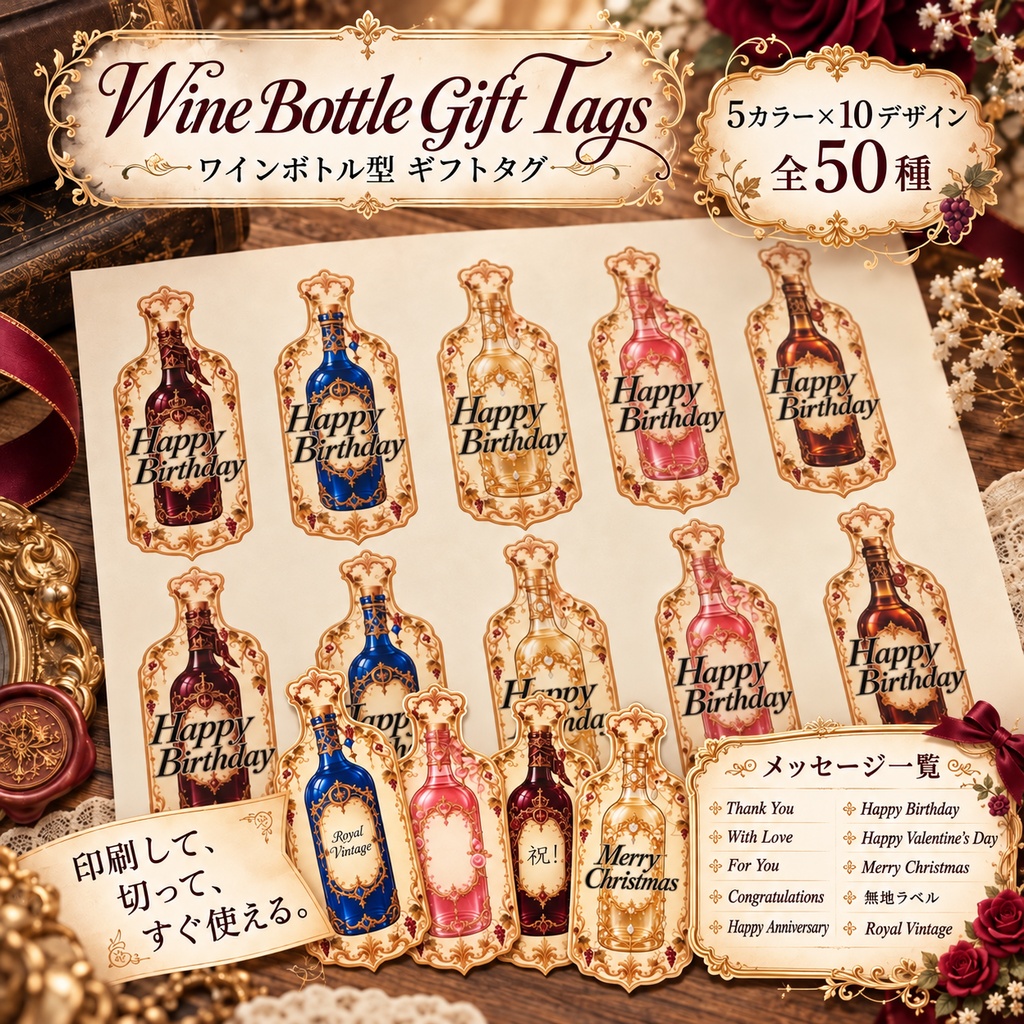 ワインボトル型ギフトタグ｜全50種｜誕生日プレゼント｜バレンタイン｜クリスマス｜お祝い用