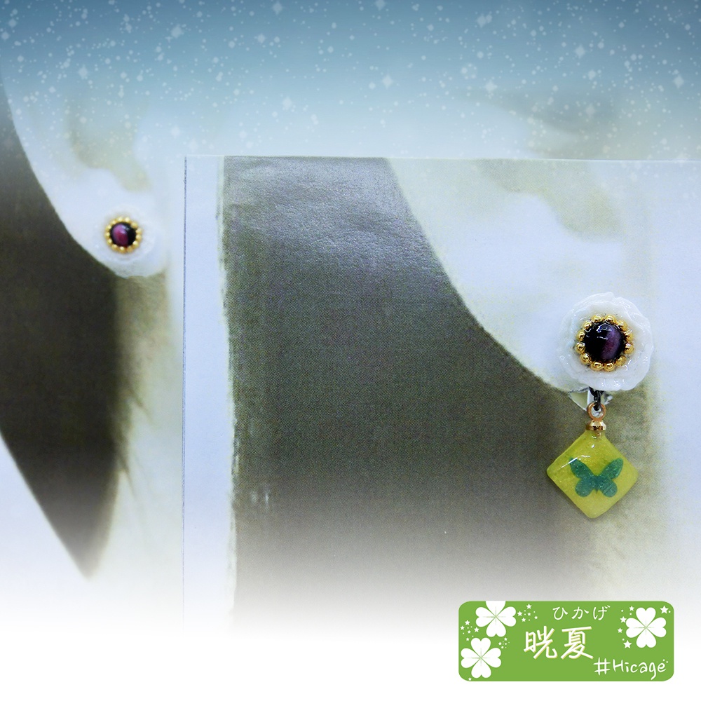 フラワーと蝶の揺れる ノンホールピアス