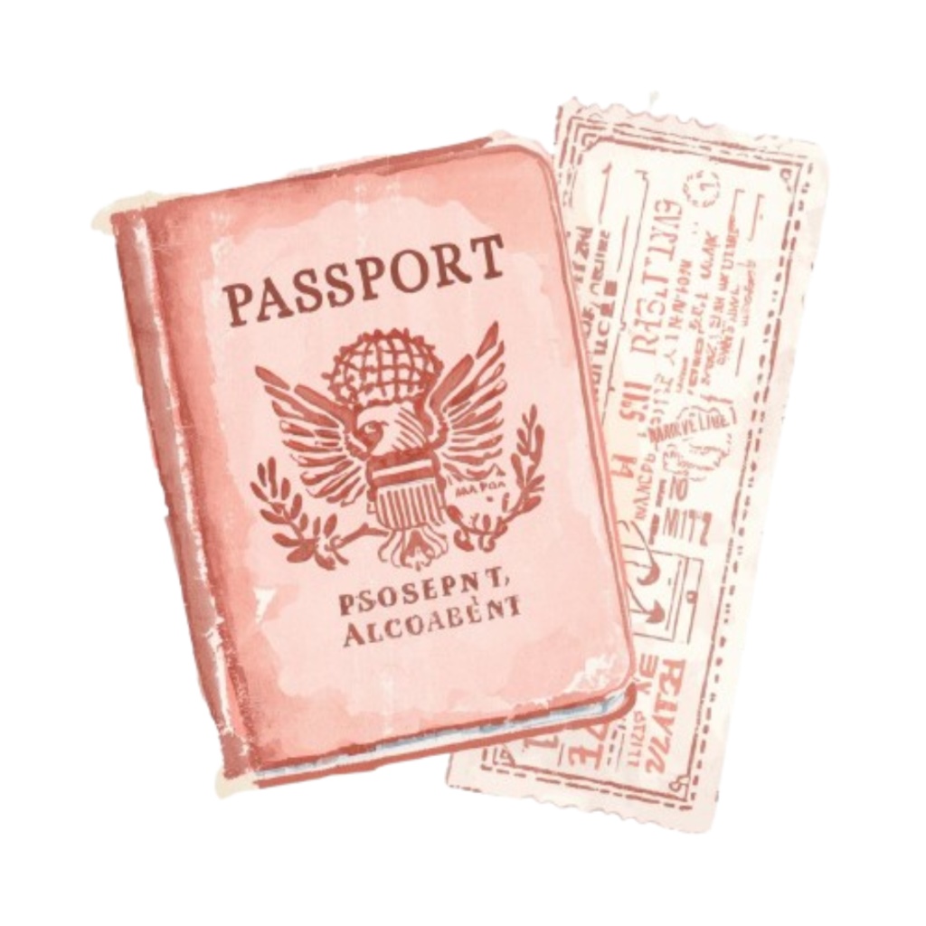 水彩画風 ピンク×アンティーク 旅行シリーズ クリップアート 9点・PNG背景透過