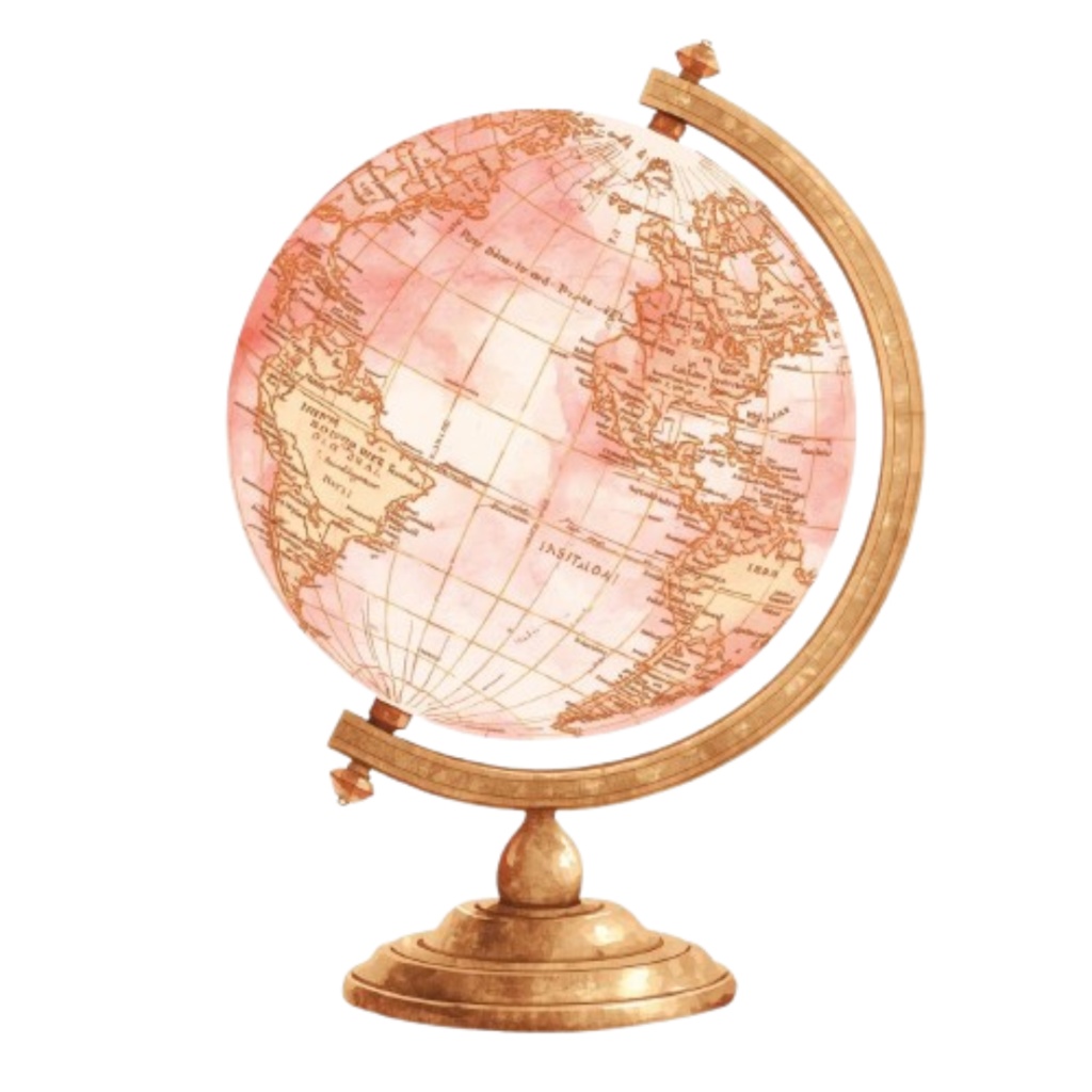 水彩画風 ピンク×アンティーク 旅行シリーズ クリップアート 9点・PNG背景透過