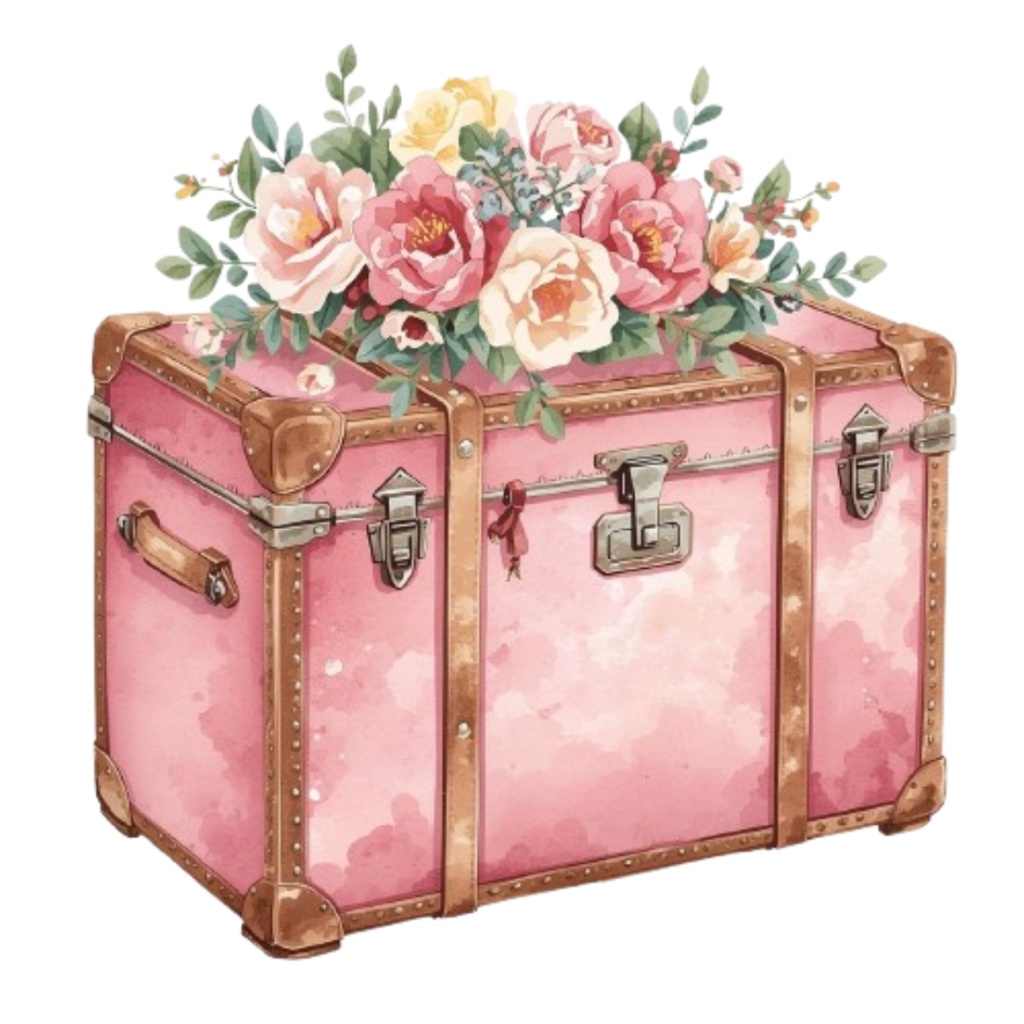 水彩画風 ピンク×アンティーク 旅行シリーズ クリップアート 9点・PNG背景透過