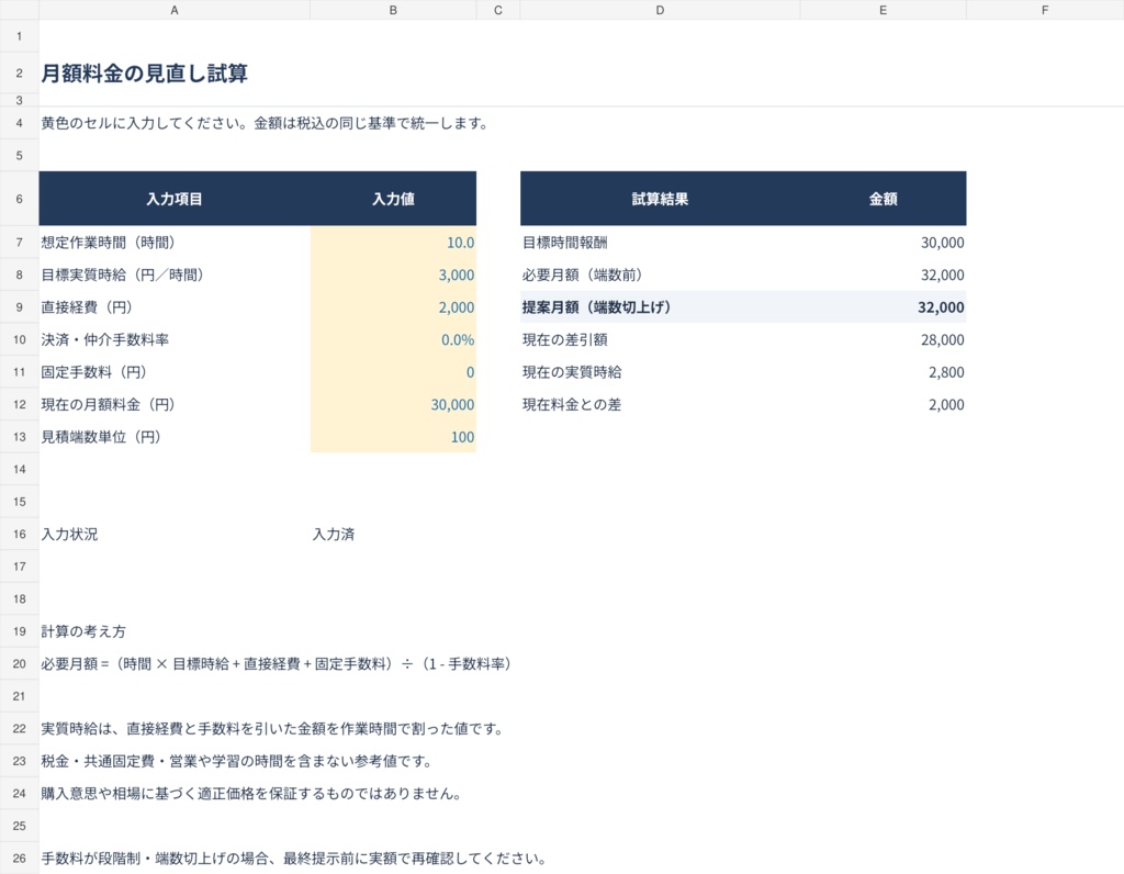 【無料】月額料金の試算｜目標時給から逆算するExcel