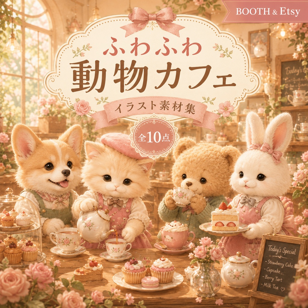ふわふわ動物カフェ 背景イラスト素材集