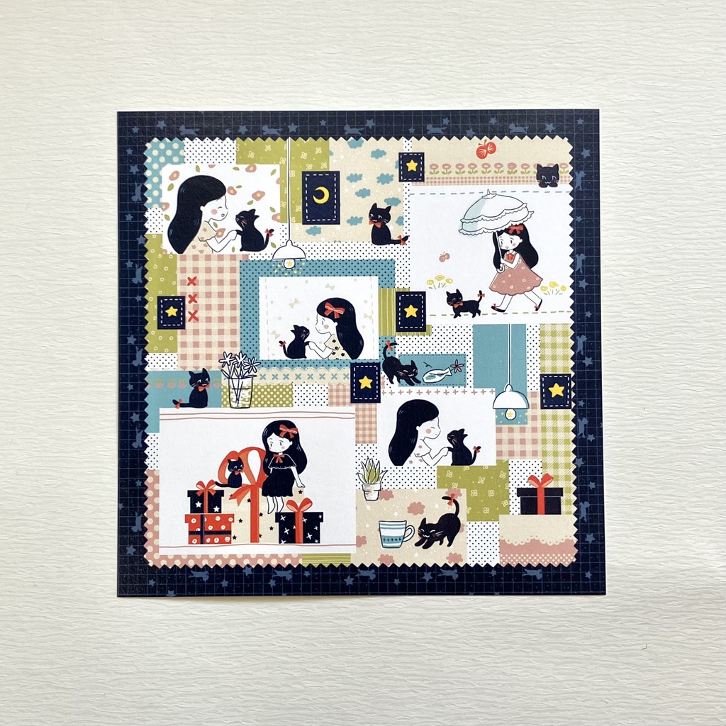 ねことリボンとわたし（正方形カード・A5変形）