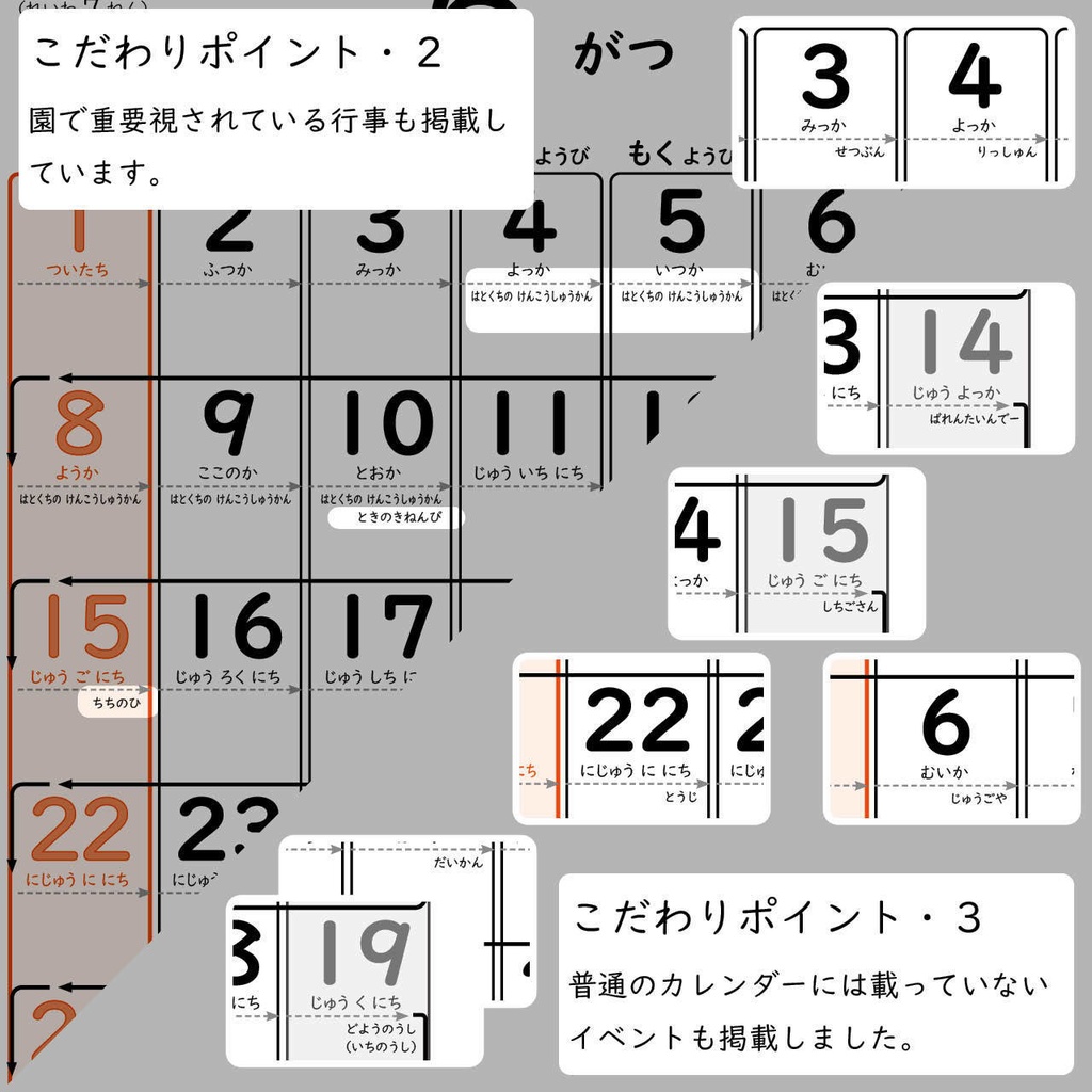【データ販売】ひらがなこどもカレンダー2025/文字のみ・日曜はじまり