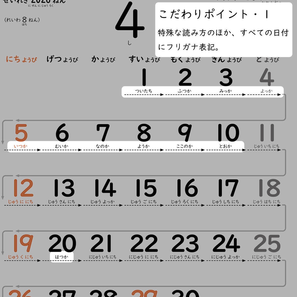 【データ販売】ひらがなこどもカレンダー/日曜始まり・イラストなし(2026年度)