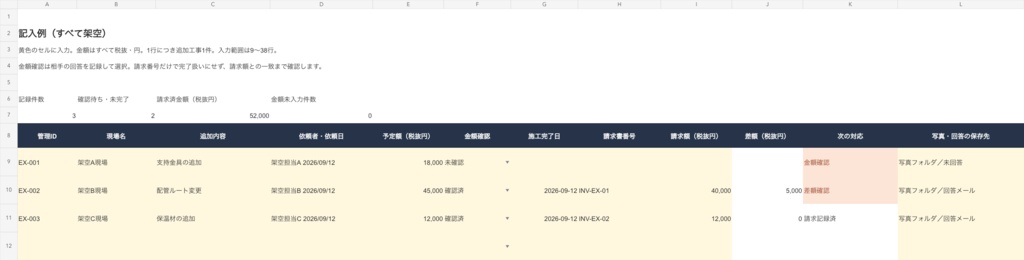 追加工事・請求確認キット｜Excel台帳・記入例付き（試作版）