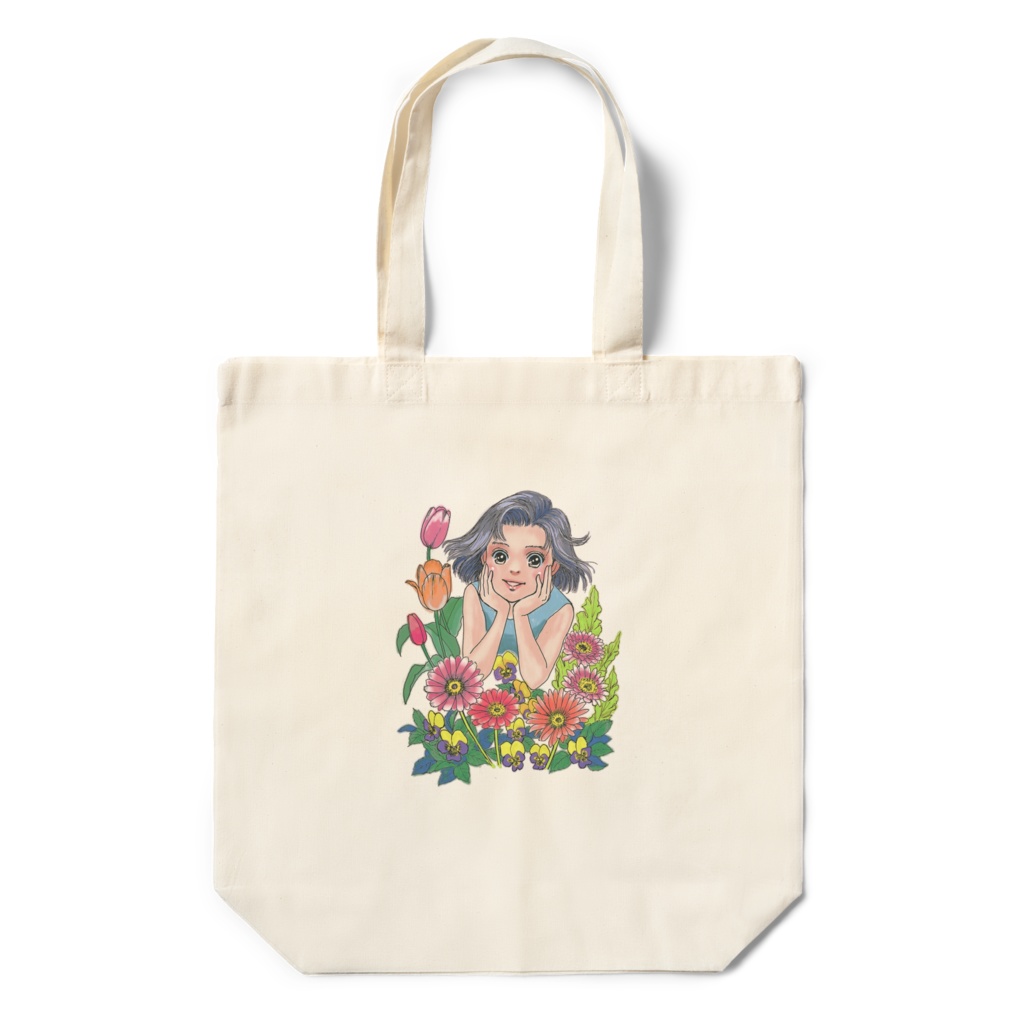 花に囲まれて、エコバッグ