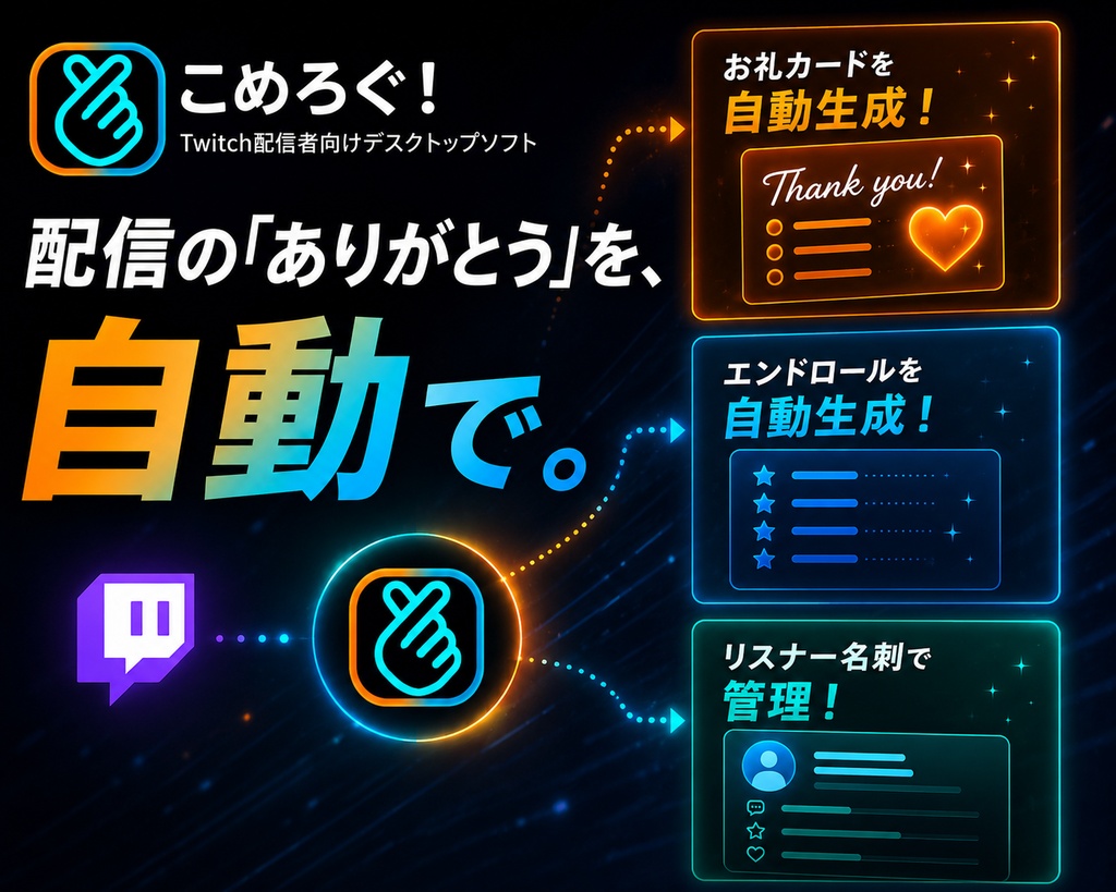 【無料版アリ】こめろぐ！｜動くお礼カード＆エンドロール＆動く配信スケジュール表の自動作成＋リスナー管理ができるTwitch用統合ソフト