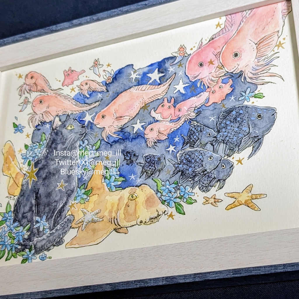 額装原画『星編む猫とモユククサウオ』