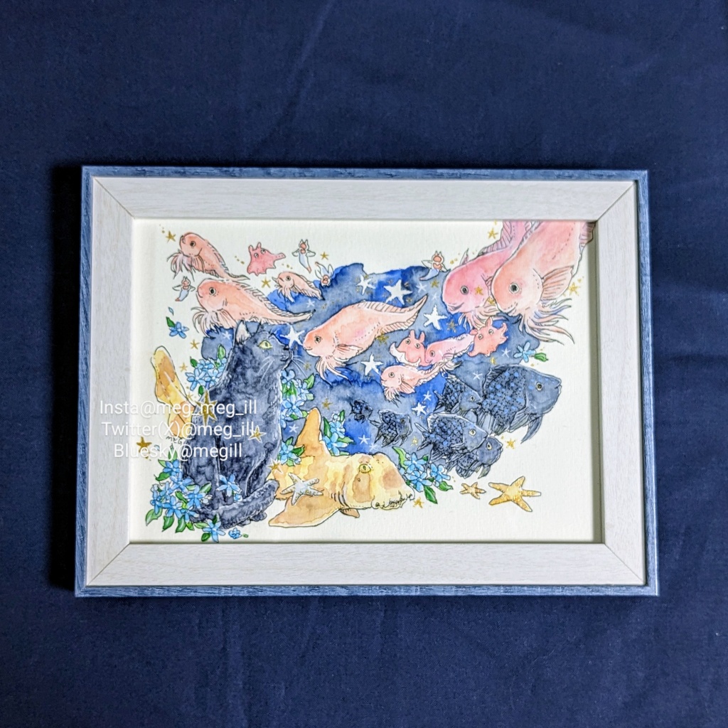 額装原画『星編む猫とモユククサウオ』