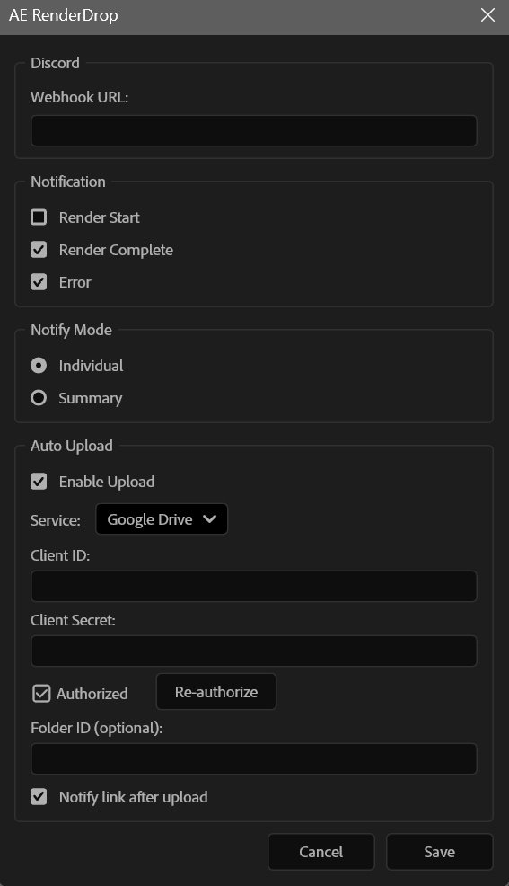 AE RenderDrop — レンダリング通知 & 自動アップロード for After Effects